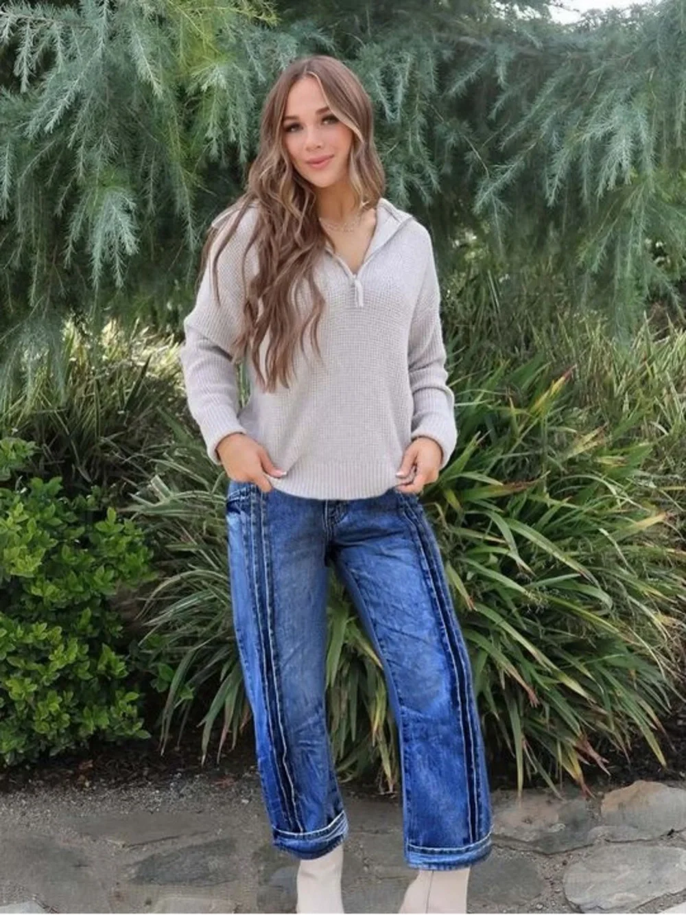 Wash Pleated High Rise Straight Leg Crop Jeans Without Belt 2XL FG30-22
